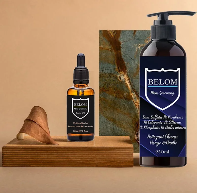 bouteille d'huile pour barbe et nettoyant, visage, cheveux et barbe sans Sulfates, sans parabènes, sans silicone, sans huiles minérales, sans colorants, sans phosphates et sans alcool. categorie belom