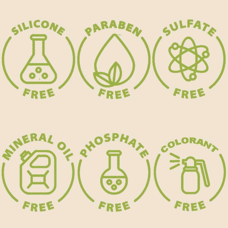 bioben icone 100 % sans sulfates, sans parabènes, sans silicone, sans huiles minérales, sans colorants, sans phosphates et sans alcool.