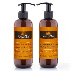 lot bouteille de lait corporel et gel nettoyant cheveux et corps sans parabènes, sans colorants  400 ml arganine
