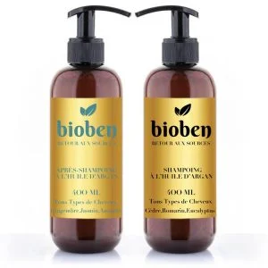 lot bouteille de shampoing et apres-shampoing sans sulfates, sans parabènes, sans silicone, sans huiles minérales, sans colorants, sans phosphates et sans alcool 400 ml bioben